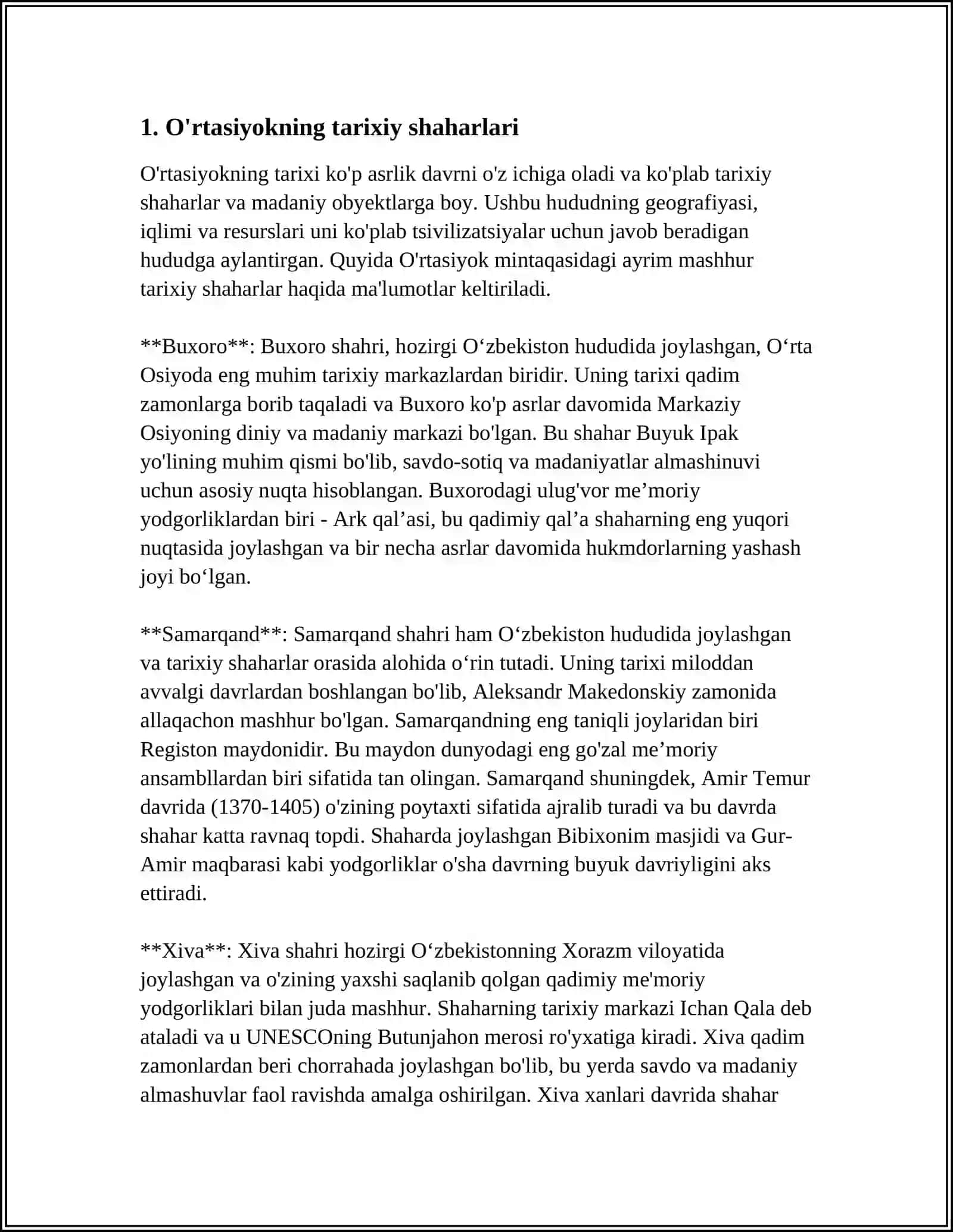 UZBEKISTON HUDUDIDA RIVOJ TOPGAN ILK SHAHARLAR SHU MAVZUGA MUSTAQIL ISH 3