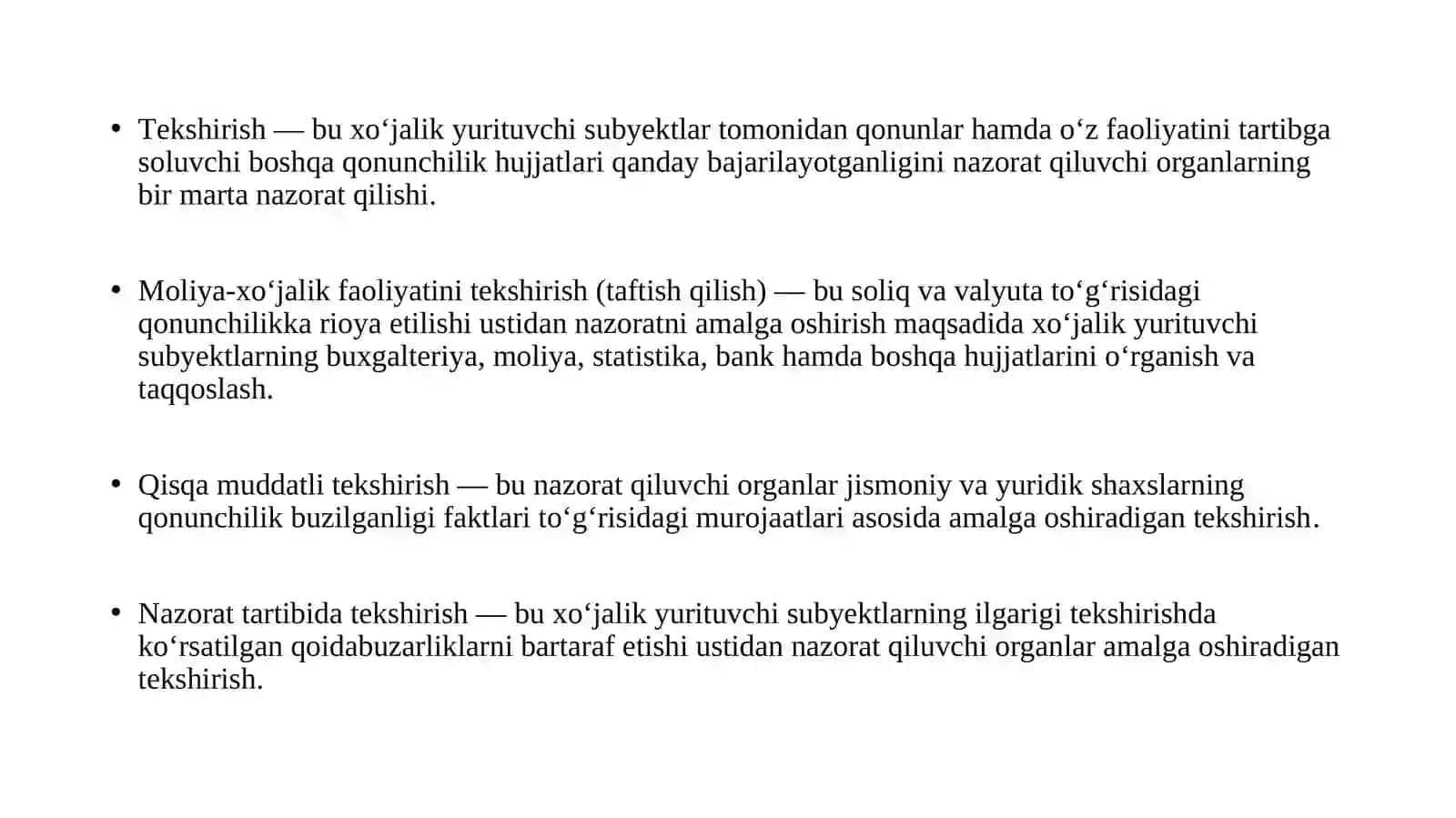 Xo‘jalik yurituvchi subyektlar faoliyatini davlat tomonidan tekshirish uchun asoslar, tekshirish va moliya-xo‘jalik faoliyatini rejali tekshirishlar davriyligi, tekshiruvlar muddatlarining o‘ziga xos jihatlari 3