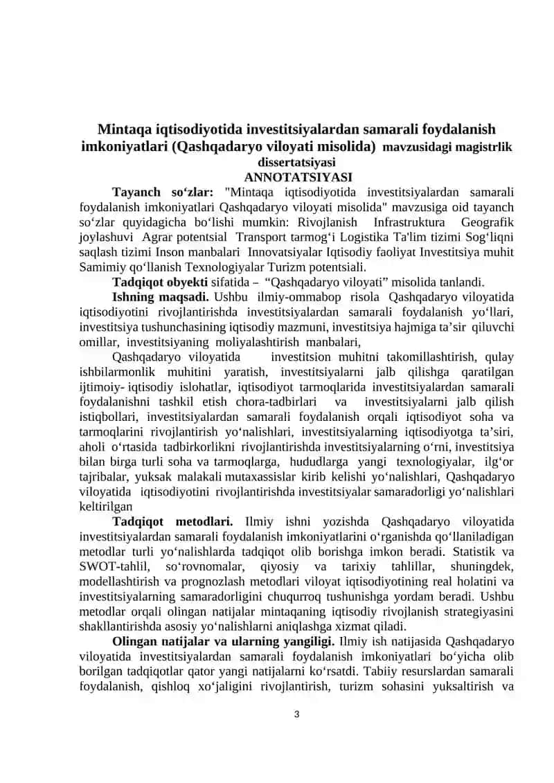 Mintaqa iqtisodiyotida investitsiyalardan samarali foydalanish imkoniyatlari (Qashqadaryo viloyati misolida) 3