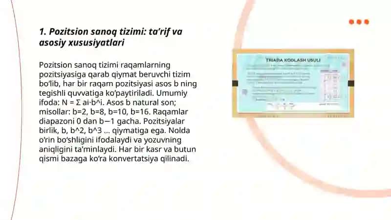 Pozitsion va nopizitsion sanoq sistemalari.Sonlarni bir sanoq tizimidan boshqa sanoq tizimiga o'tkazish 3