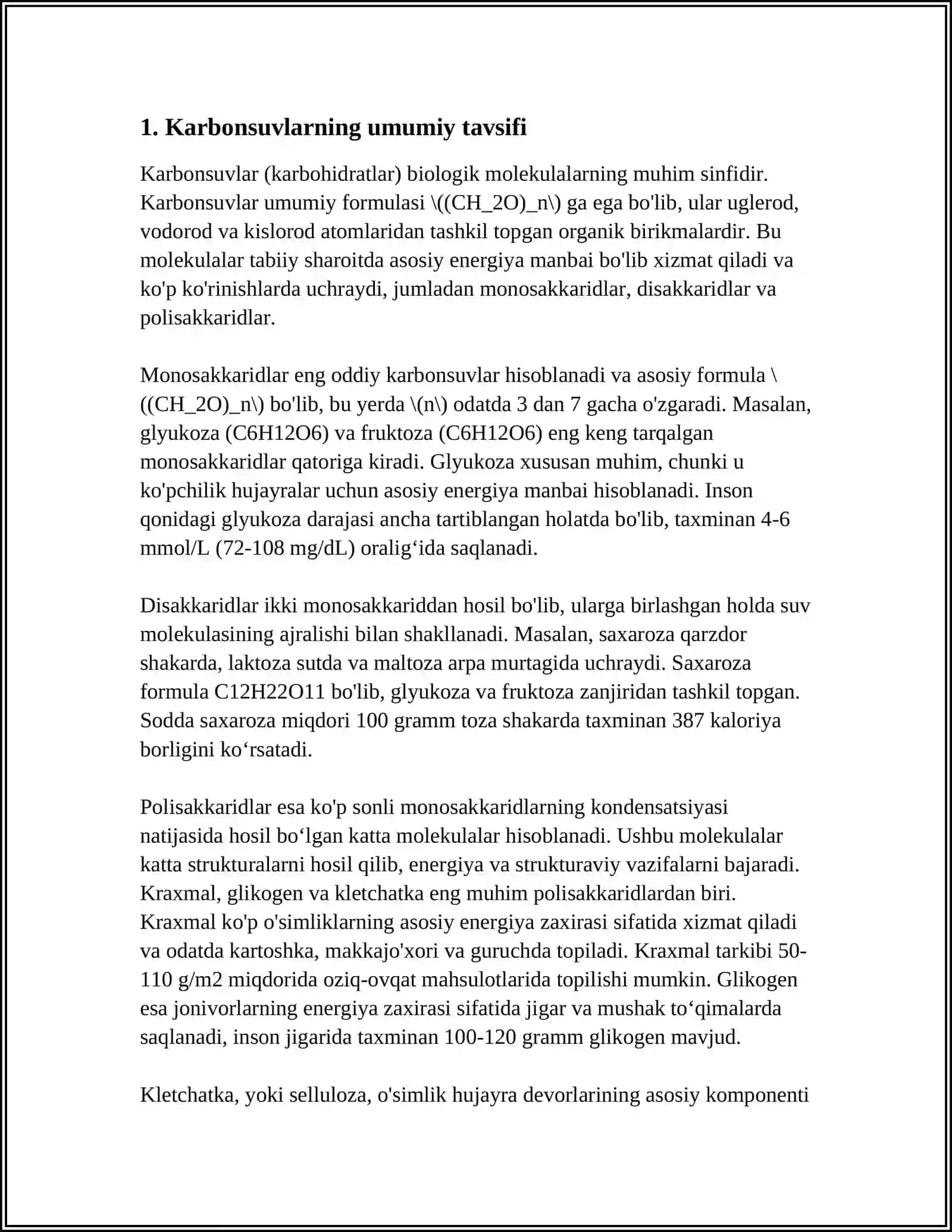 KARBONSUVLAR. MONOSAXARIDLAR TUZILISHI VA HOSSALARI. DI-, GOMO- VA GETEROPOLISAXARIDLAR TUZILISHI VA HOSSALARI 3