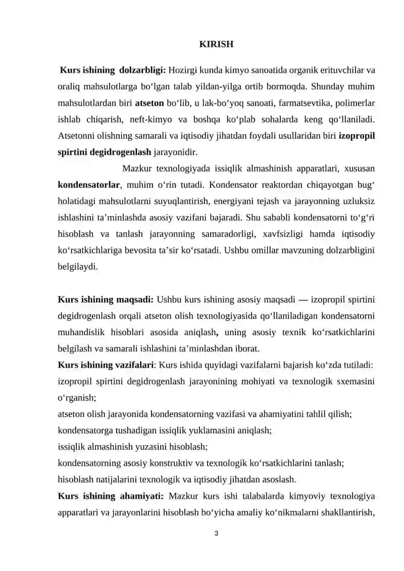 Izopropil spirtini degidrogenlash orqali atseton olish texnologiyasidagi kondensatorni hisoblash (quvvati 92 000 t/y) 3