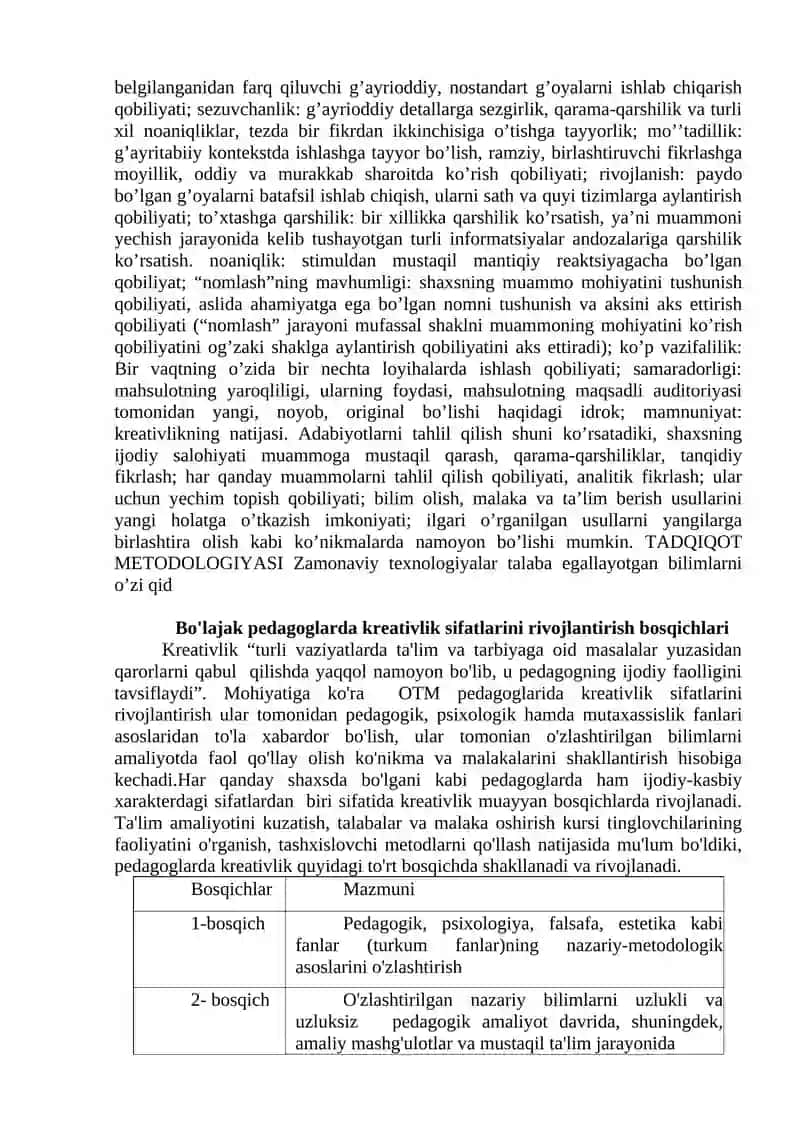 Talabalarning kreativlik sifatlari. Talabalarning kreativlik sifatlarini rivojlantirish mohiyati 3