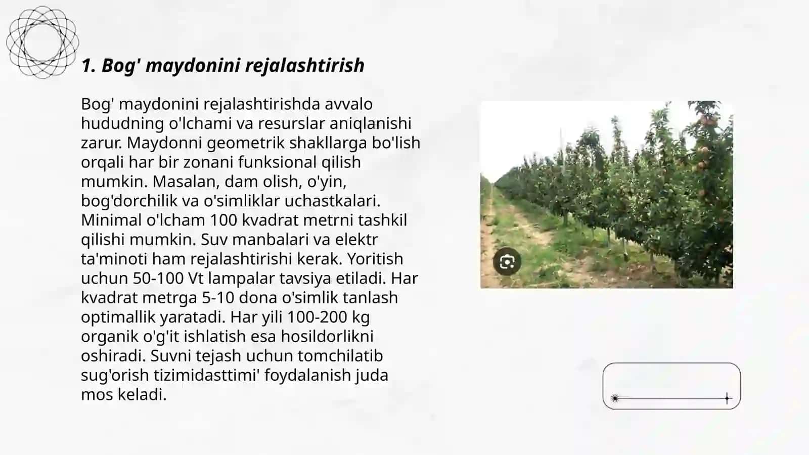 Meva bogʻlari maydonini rejalash va meva daraxtlarining koʻchat qalinligini oziqlanish maydonini koʻchat sonini hisoblash va ekish tartibi bilan tanishish 3