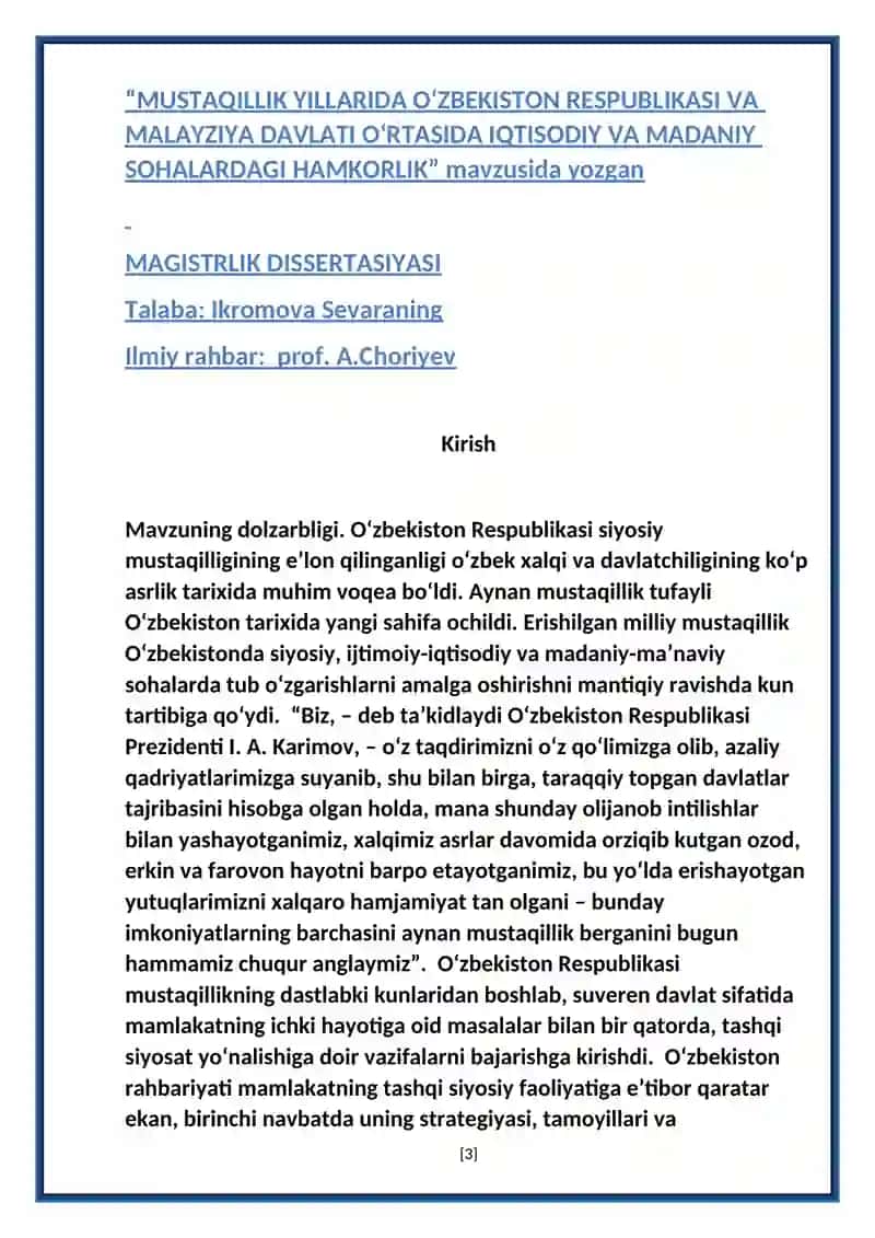 MUSTAQILLIK YILLARIDA O‘ZBEKISTON RESPUBLIKASI VA MALAYZIYA DAVLATI O‘RTASIDA IQTISODIY VA MADANIY SOHALARDAGI HAMKORLIK 3