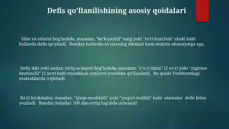 Chiziqcha bilan yoziladigan so'zlat imlosi 3