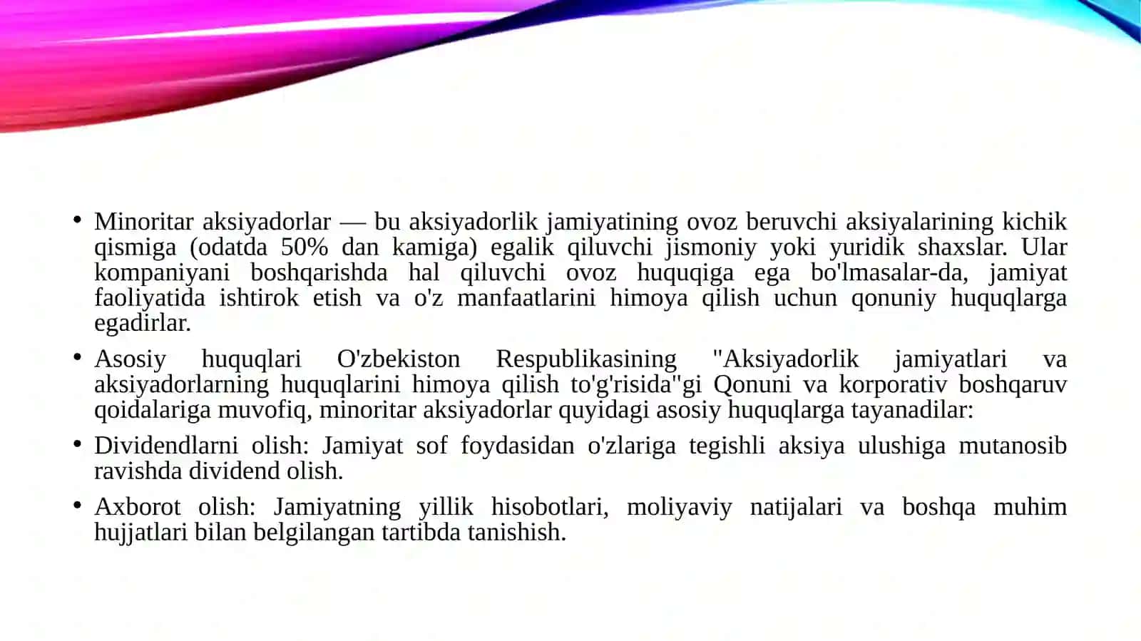 Minoritar aksiyadorlar va ularni huquqlarini ta’minlash 3