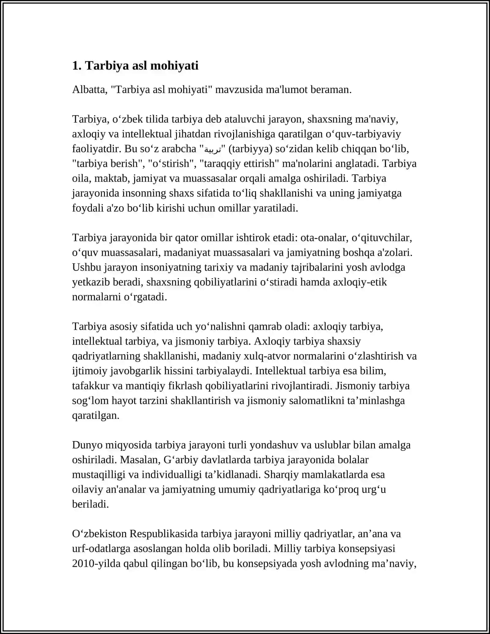 MUSTAQIL ISH Mavzu: OILADA TARBIYA ASOSLARI 3