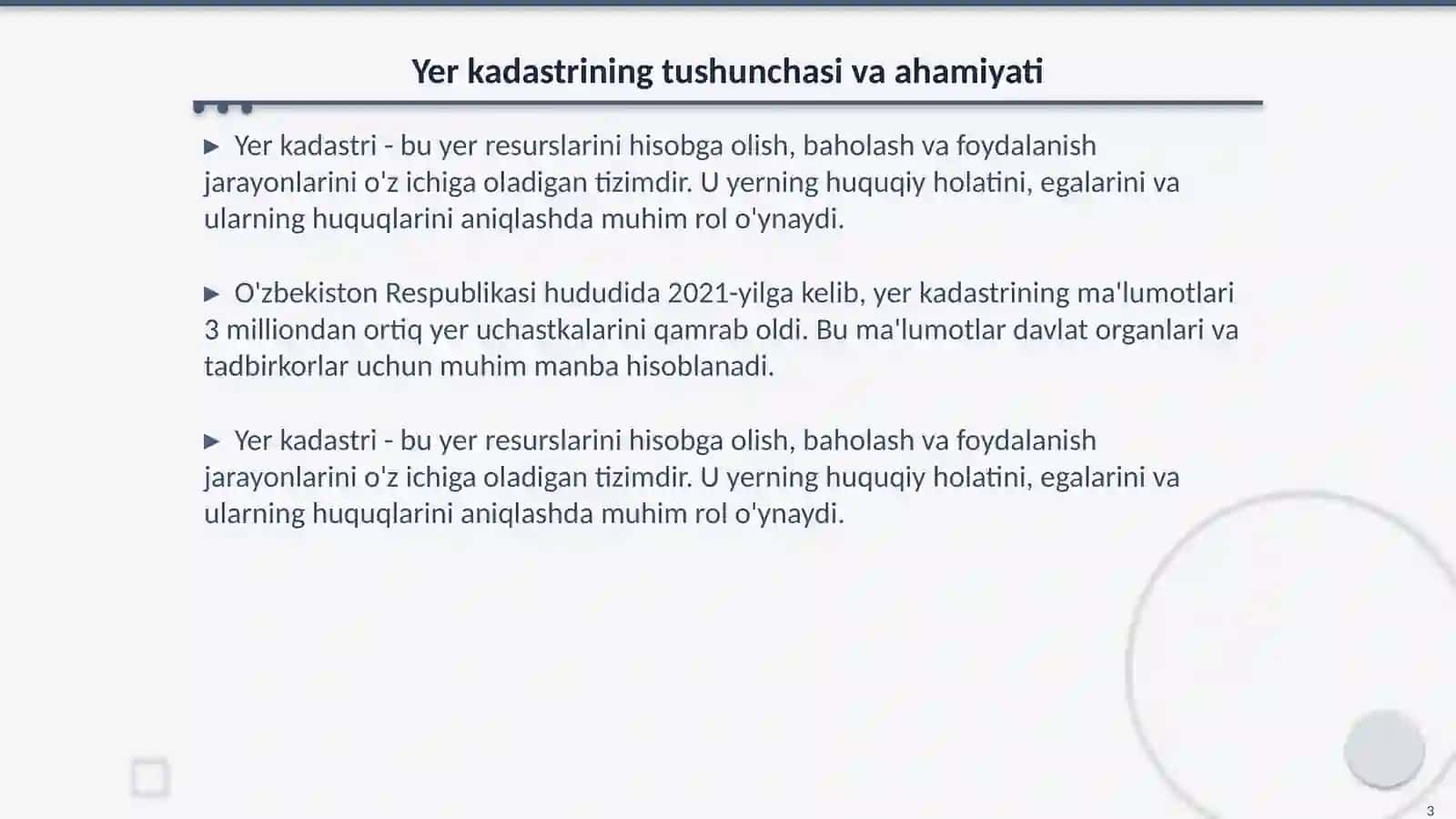 Davlat yer kadastrining nazorat asoslari Yer kadastrining ahamiyati, mazmuni va vazifalari 3