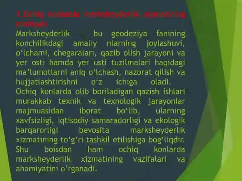 Ochiq konlarda marksheyderlik xizmatlarining vazifalari va ahamiyati. 3