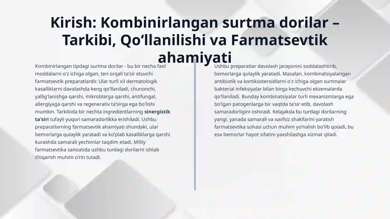 Kombinirlangan tipdagi surtma dorilarni tayyorlashning oʻziga xos usullari 3