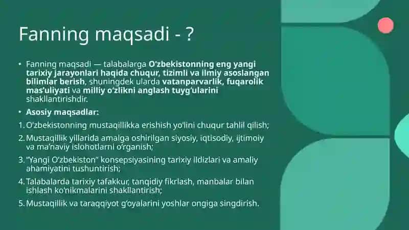 KIRISH. OʻZBEKISTONNING ENG YANGI TARIXI O'QUV FANINING PREDMETI, MAQSADI VA VAZIFALARI, NAZARIY-METODOLOGIK TAMOYILLARI 3