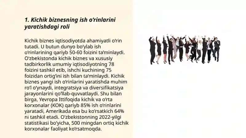 Kichik biznes va xususiy tadbirkorlikning aholini ish bilan taʼminlash va yangi ish oʻrinlarini yaratishdagi roli 3