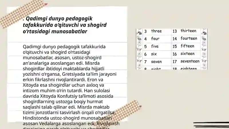 Eng qadimgi davrlardan XXI asrning boshigacha boʻlgan davrda oʻqituvchi-ustoz,shogird va ularning jamiyatdagi oʻrni, mahorati haqidagi pedagogik fikrlar Rustamova Durdona 3