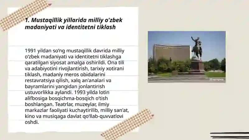 Mustaqillik yillarida O'zbekistodaki ma'naviy va madaniy taraqiyoti 3