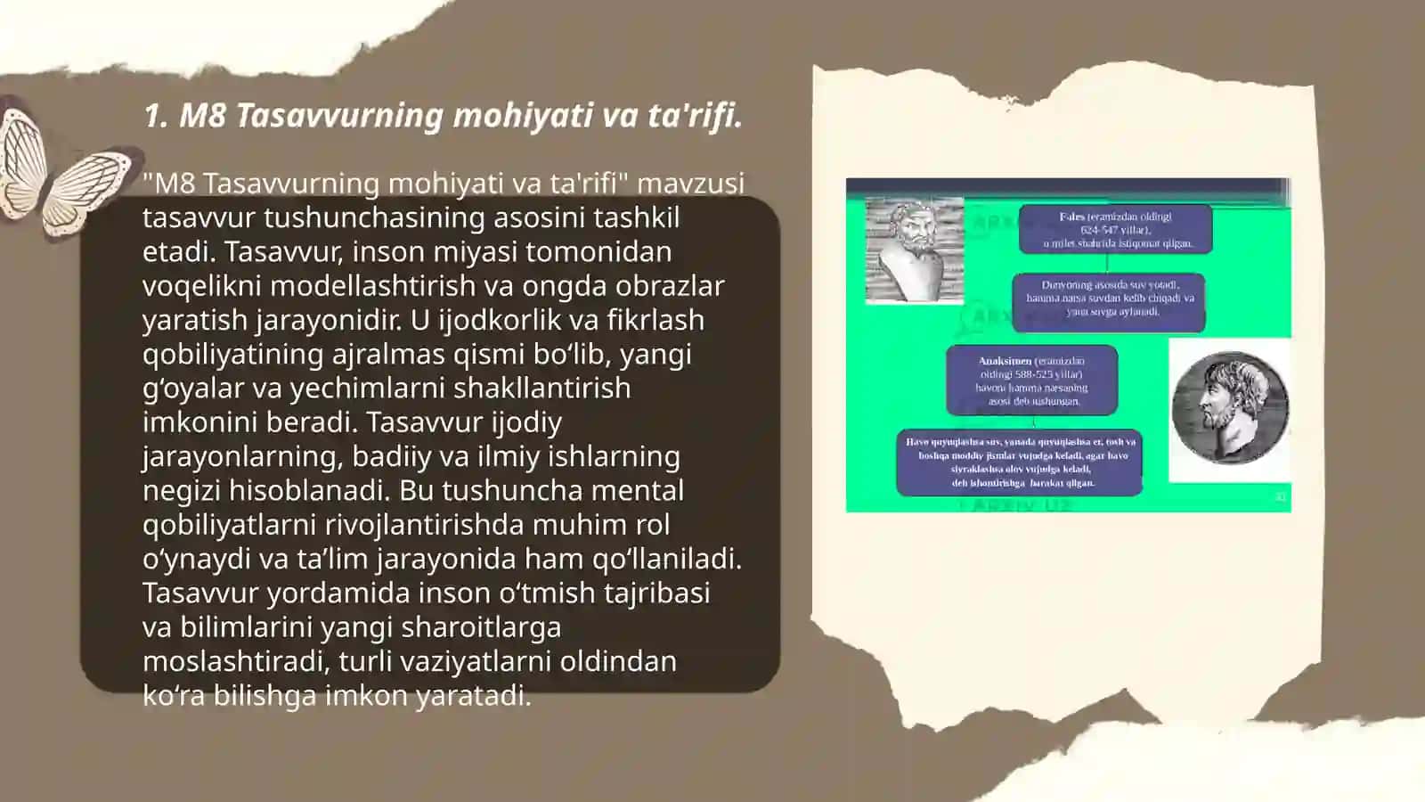 M8 Tasavvur va uning talaba faoliyatidagi roli. Xorij psixolog olimlarining hayol to‘g‘risidagi fikrlari. Hayolning psixobiologik rivojlanishi 3