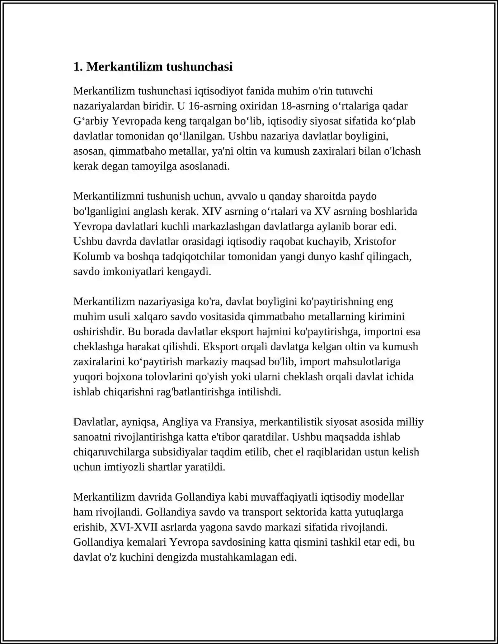 MUSTAQIL ISH Mavzu: MERKANTILIZIM IQTISODIY TA'LIMOTINING MOHIYATI VA AHAMIYATI 3