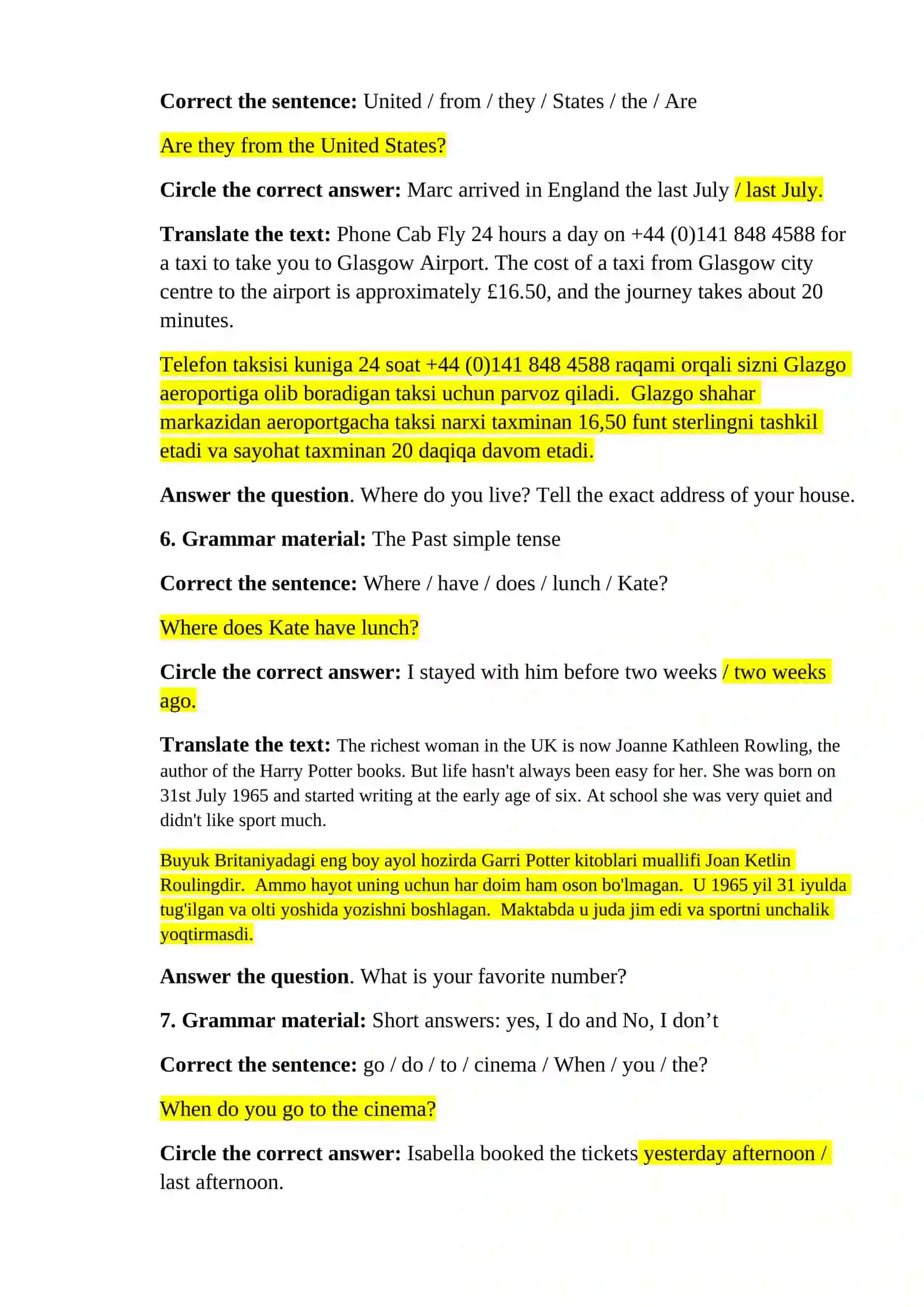 Final exam questions of 1st year students in English for 3rd semester 3