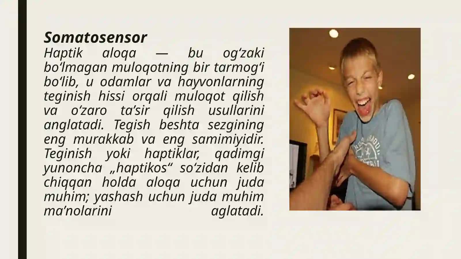 Somatosensor – umumiy sezgirlik.  Teginish hissi, temperatura, bosim, og’riq, vibratsiya, tana qismlarini  joylashishi 3