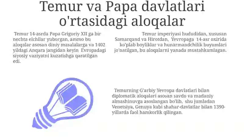 Amir Temur Ğarbiy yevropa davlatlari bilan diplomatik aloqalar 9-12 asrda 3
