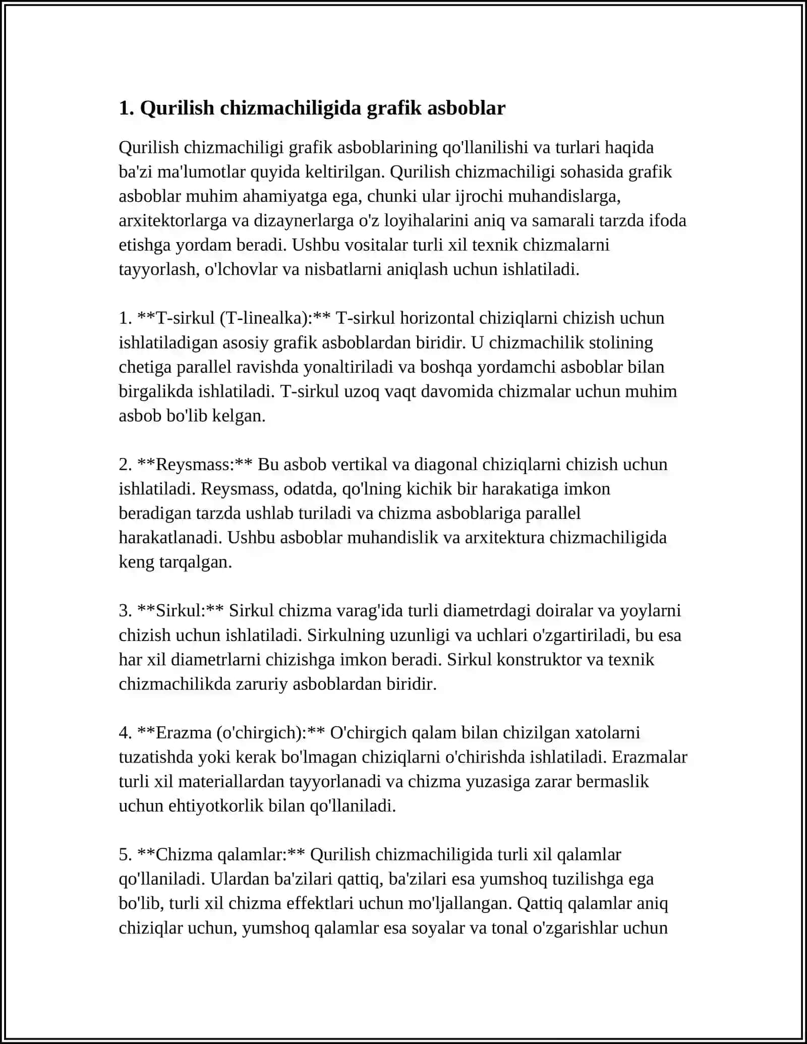 MUSTAQIL ISH Mavzu: QURILISH CHIZMACHILIGIDA GRAFIK ISHLAR MAZMUNI 3