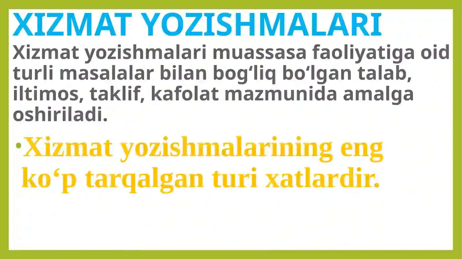 XIZMAT YOZISHMALARIXizmatyozishmalarimuassasafaoliyatigaoidturlimasalalarbilanbog‘liqbo‘lgantalab,iltimos,taklif,kafolatmazmunidaamalgaoshiriladi 3