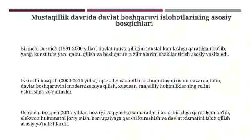 Mustaqillik yillarida davlat boshqaruvi tizimida amalga oshirilayotgan islohotlar 3