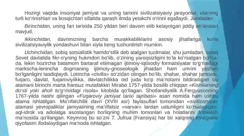 SIVILIZATSIYA: ATAMA, TUSHUNCHAVIY MAQOM VA SHAKLLANISH BOSQICHLARI. MADANIYAT VA QADRIYATLAR 3