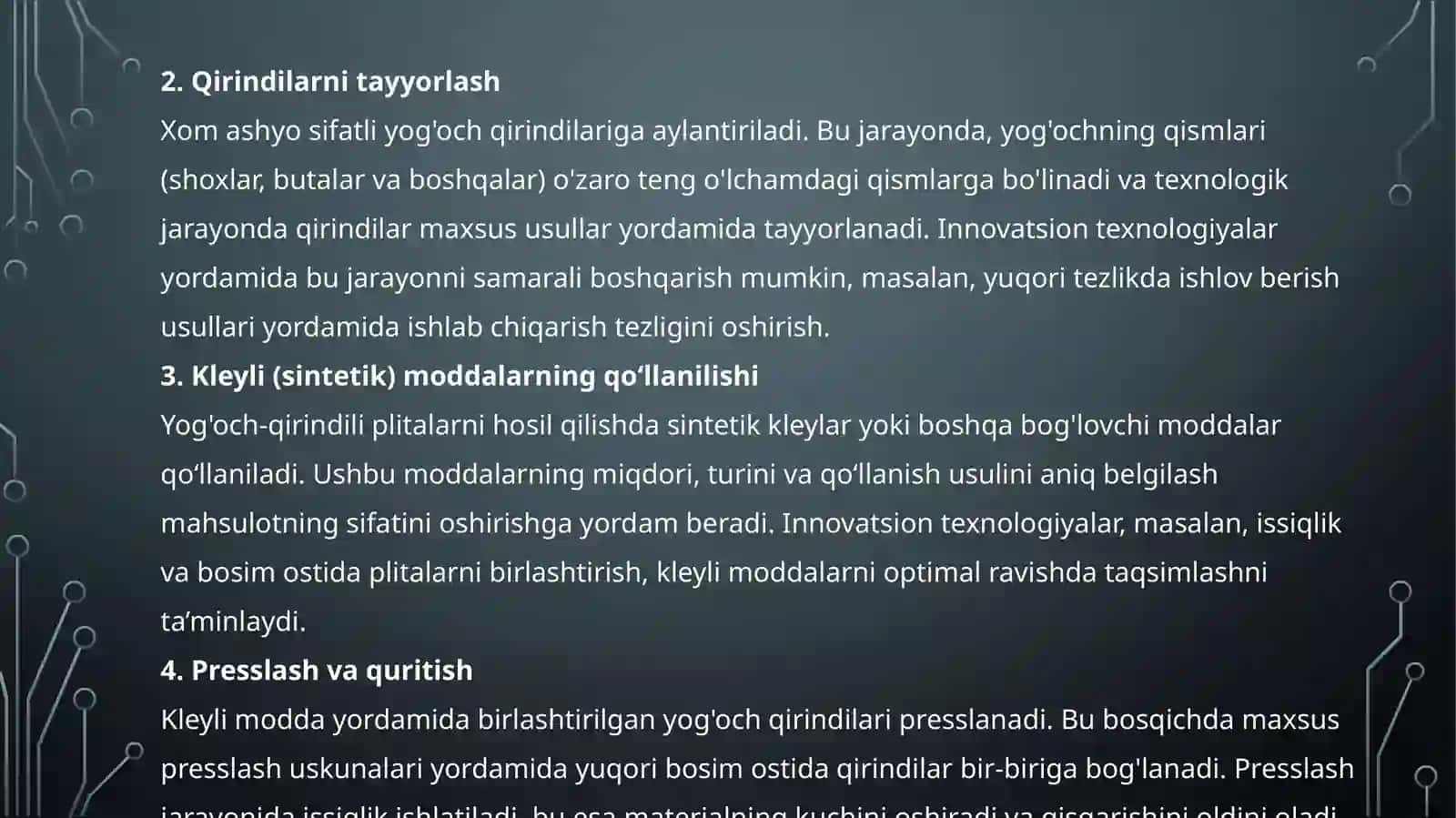 Yog'och-qirindili plitalarni ishlab innovatsion energiya samarador texnologiyalarni qo'llash 3