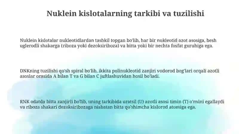 Nuklein kislotalar va ularning fazoviy birlamchi tuzilishi. Dnk va Rnk turlari 3