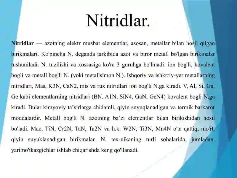 "Nitridlar, Gidrazin, Gidroksilamin, Azid kislotasi,  ularning xossalari, azotning oksokislatalari." 3