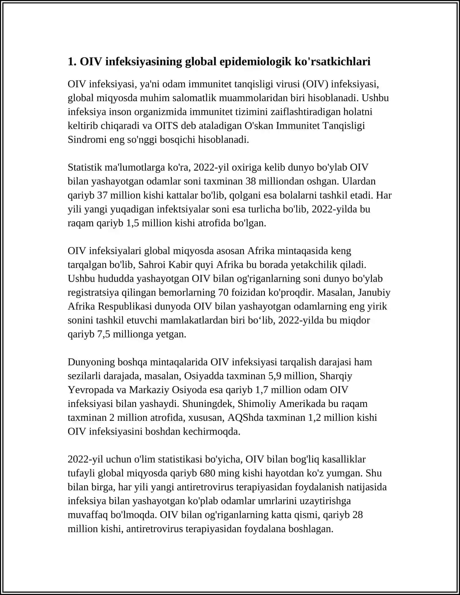 OIV INFEKSIYASI BO'YICHA DUNYODAGI RESPULIKASIDA EPIDIMIOLOGIK VAZIYATLAR 2024-2025-o'quv yili REFERAT 3