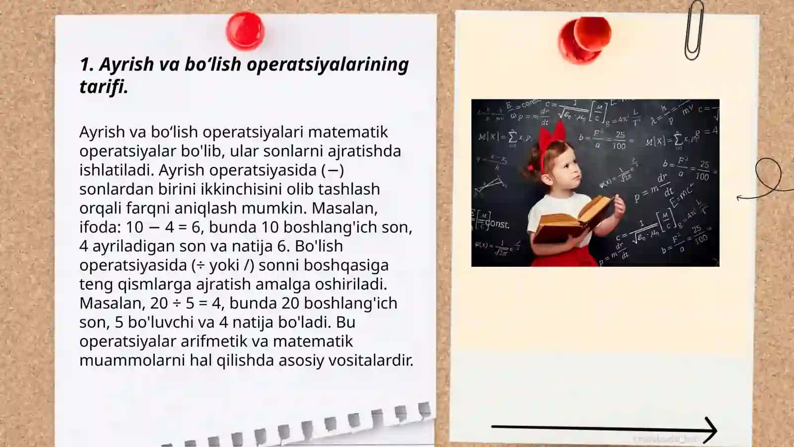 Ayrish va boʻlishning ta'rifi. Nolga boʻlishning mumkin emasligi. Qoldiqli boʻlish. Nomanfiy butun sonlar toʻplamining xossalari. Natural sonlar qatori kesmasi va chekli toʻplam elementlari soni tushunchasi 3