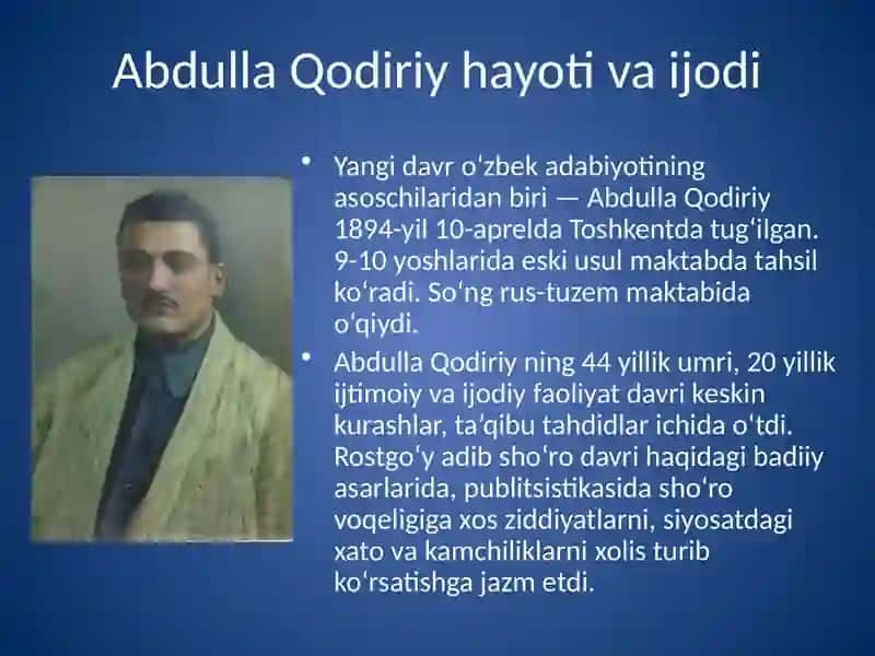 Taqdimot. 10-sinf Adabiyotida  Abdulla Qodiriy hayoti va ijodini o'rgatishda grafik organayzerlardan foydalanish 19 bet 3