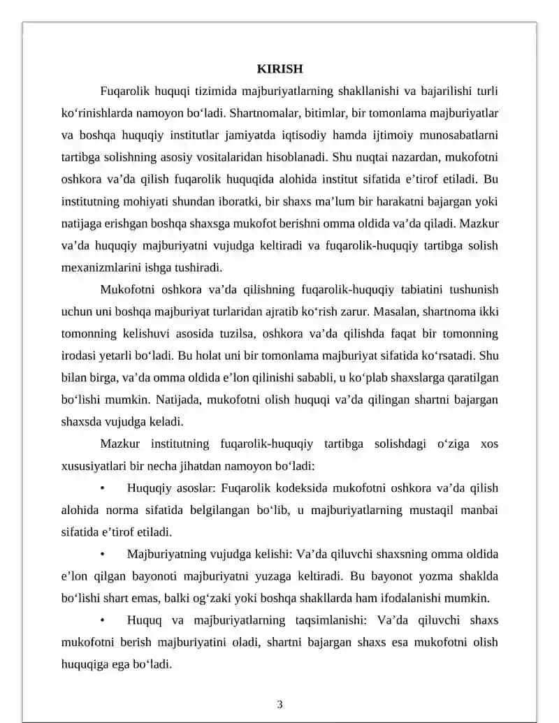 Mukofotni oshkora va qilish fuqarolik huquqiy tartibga solishning o'ziga xos xususiyatlari 3