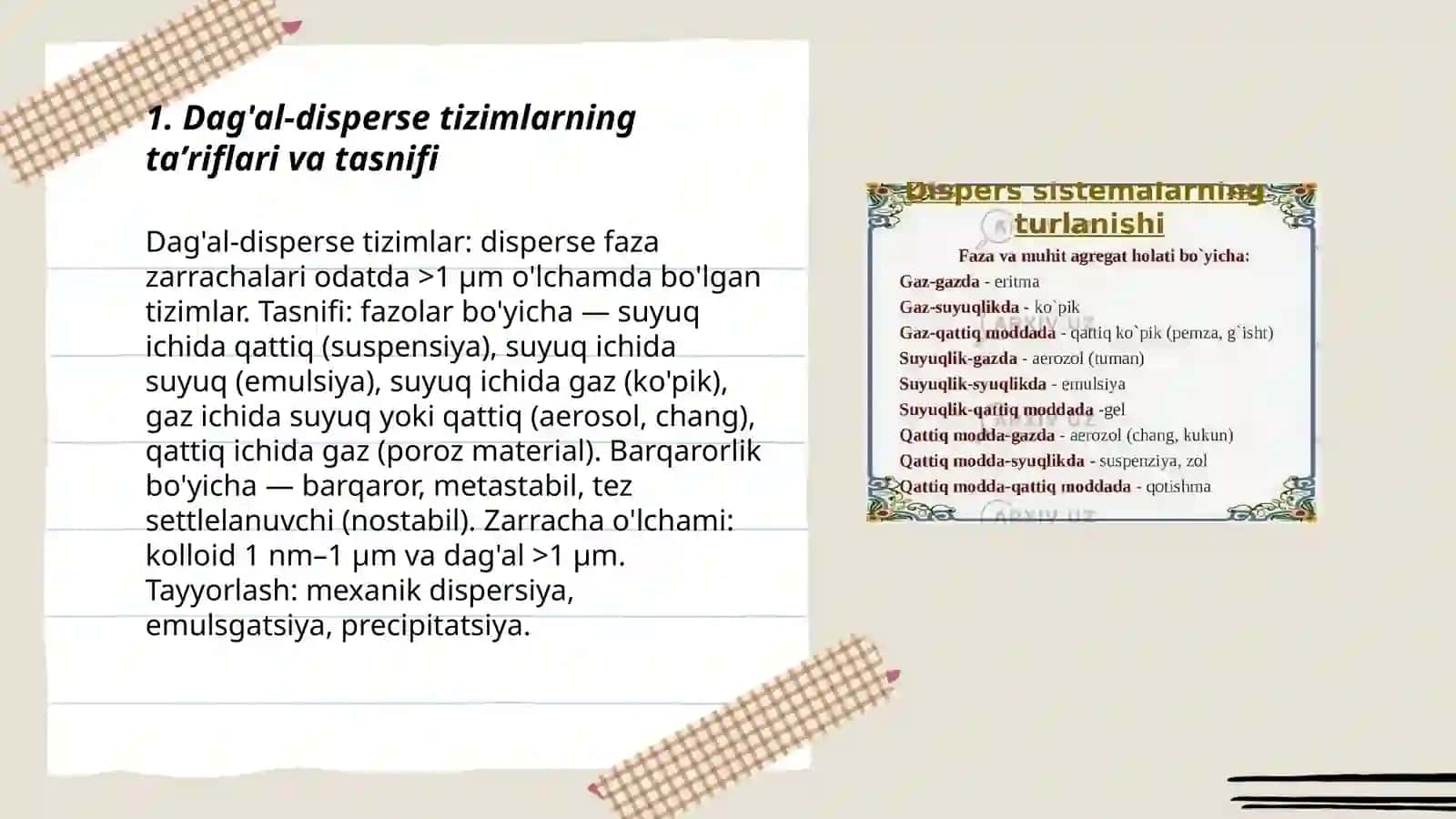 Dag'al- dispers sistemalarning xossalari va ularning tibbiyot va formakologiyada ishlatilishini amaliyotda o'rganish va ma'lumotlar asosida taqdimot tayyorlash 3