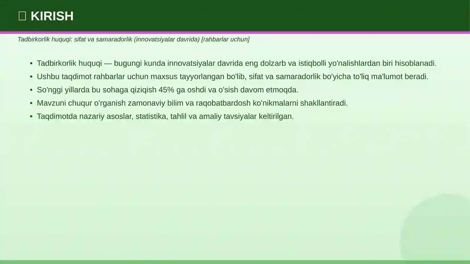 Tadbirkorlik huquqi: sifat va samaradorlik (innovatsiyalar davrida) [rahbarlar uchun] 3