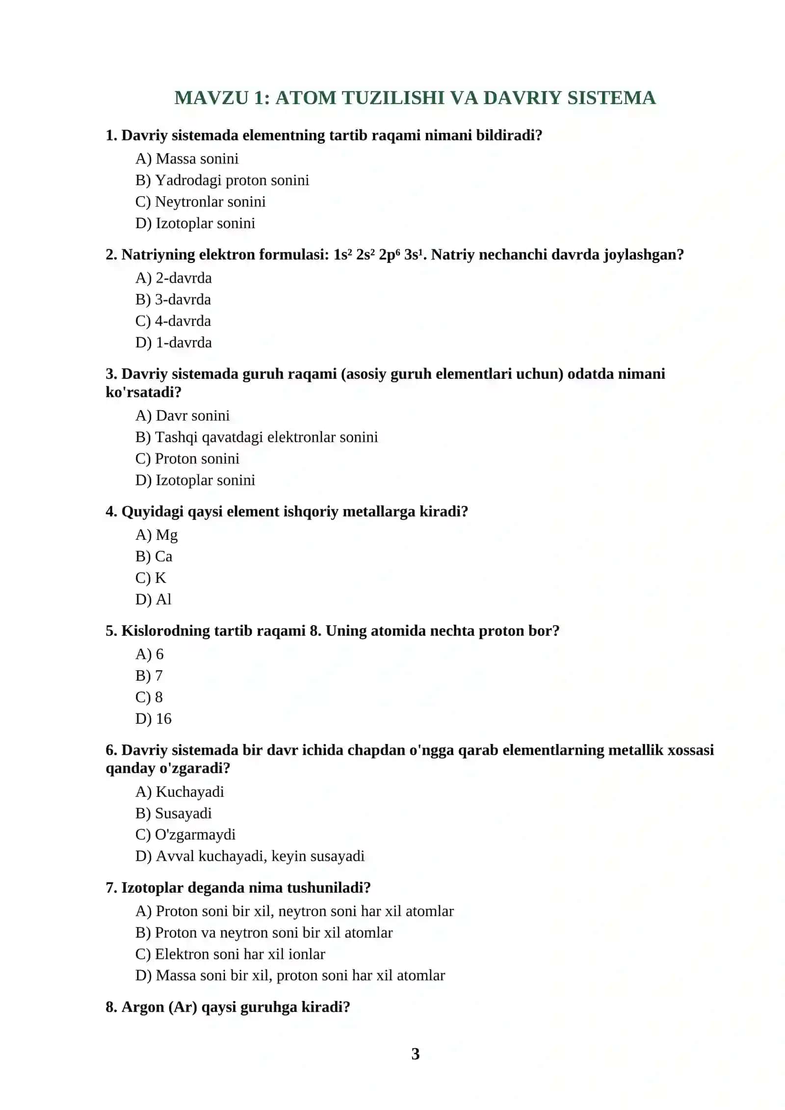 Kimyo — DTM/Milliy sertifikat uchun test to'plami (40 ta savol, javoblar bilan) 3