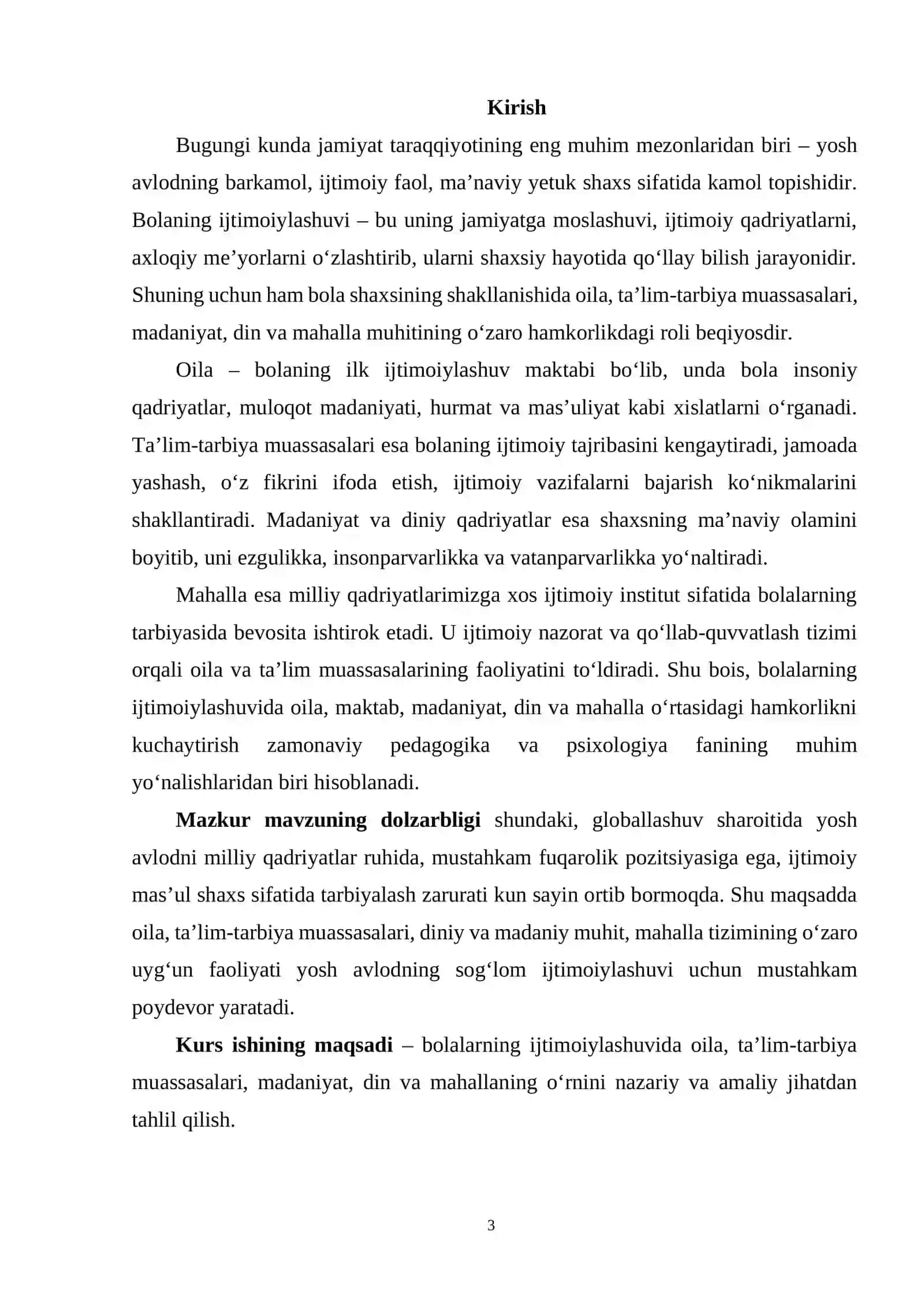 Bolalarning ijtimoiylashuvida oila, ta'lim-tarbiya muassasalari, madaniyat, din va mahallaning o'rni 3