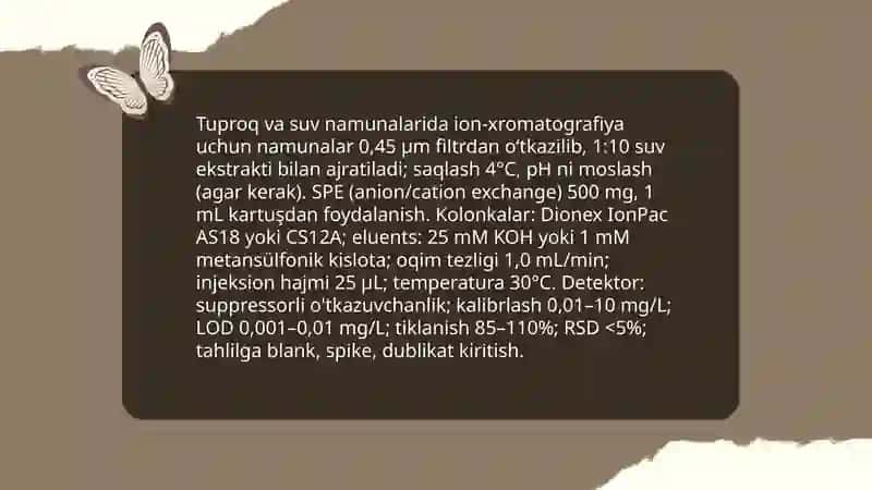 Tuproq va suv namunalarida ion bog'lanishli birikmalarni aniqlash uchun ion xromatografiya metodlarini tadqiq etish 3