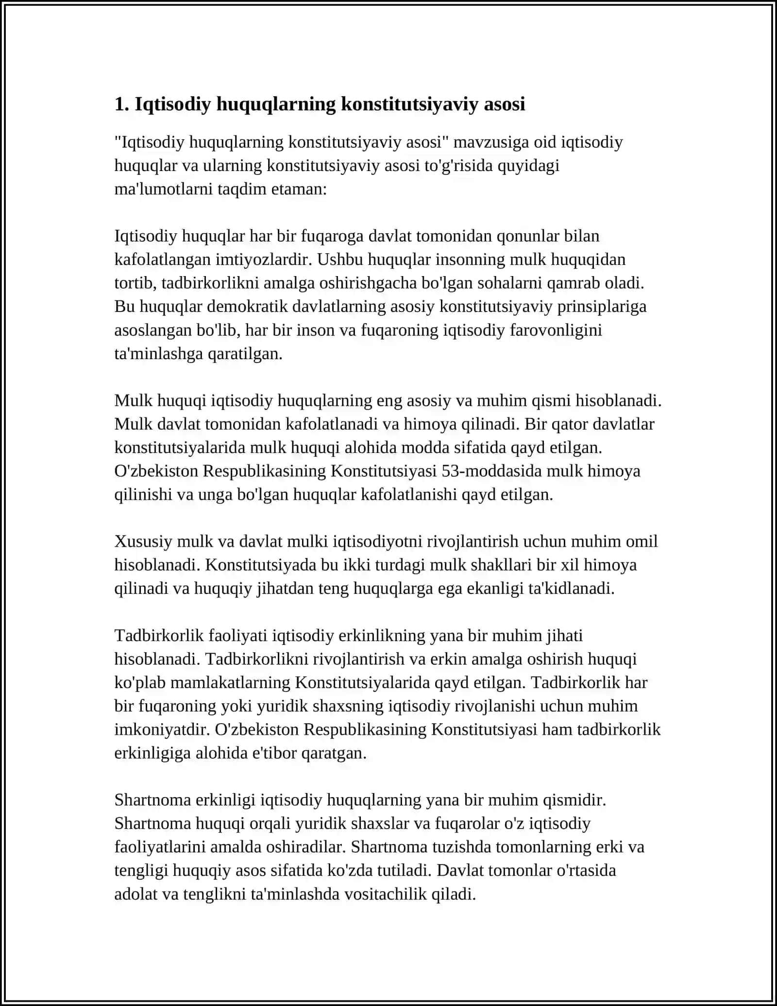 MUSTAQIL ISH Mavzu: IQTISODIY, IJTIMOIY, MADANIY VA EKOLOGIK HUQUQLARINING KONSTITUTSIYAVIY ASOSLARI 3
