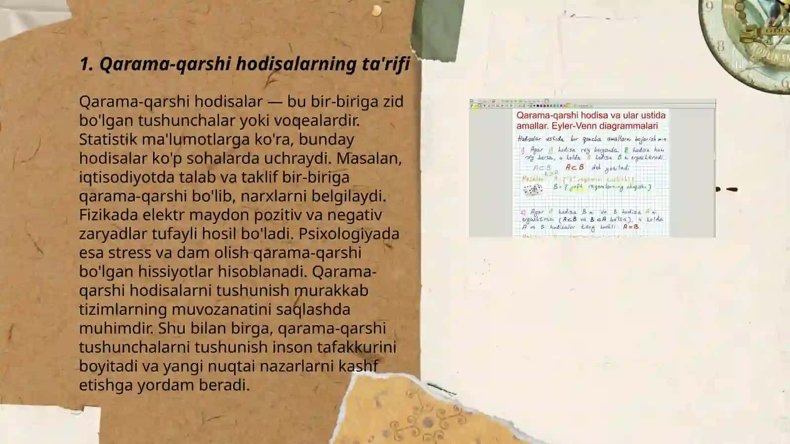 Qarama qarshi hodisalar.Qarama qarshi hodisalar ustida amallar va ularni Eyler Venn diagrammalarida ifodalash 3