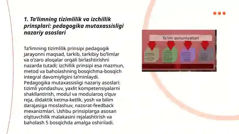 Ta’limning tizimlilik va izchillik prinsplarini amalga oshirish qoidalari pedagogika mutaxassisligiga oid misolida 3