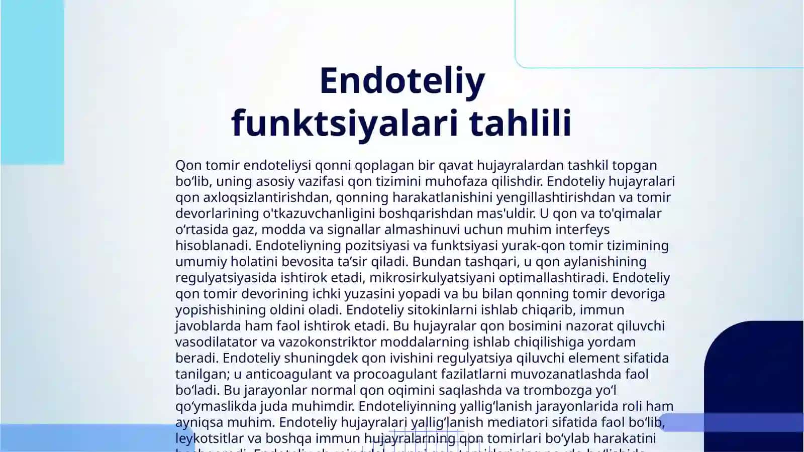 QON TOMIR ENDOTELIYSINING FUNKSIYALARI. YURAK-QON TOMIRLAR TIZIMIDA REGENERATOR VA KOMPENSATOR JARAYONLAR. LIMFA TUGUNLARI. BIRLAMCHI VA IKKILAMCHI LIMFA TUGUNCHALARI (FOLLIKULLAR) TUZILISHI VA HUJAYRAVIY TARKIBI. LIMFA TUGUNLARINING YOSHGA KO’RA O’ZGARISHI VA REGENERATSIYASI 3