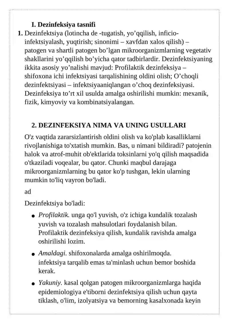 Dezinfeksiya tasnifi. Dezinfeksiya turlari. Asbob-anjomlar dezinfeksiyasi 3