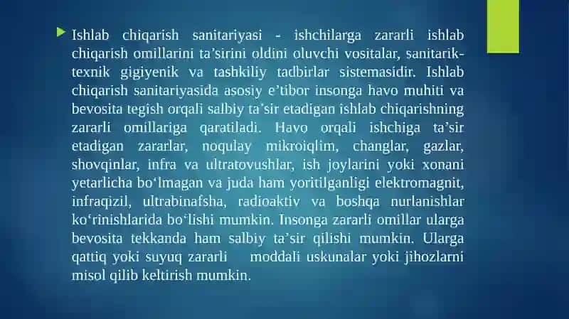 Ishlab chiqarishning sanitariyasi va gigiyenasi meyorlari, mazmuni 3