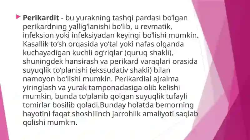 PERIKARD KASALLIKLARI. YURAK OS’MALARI.YURAK TRANSPLANTATSIYASI 3