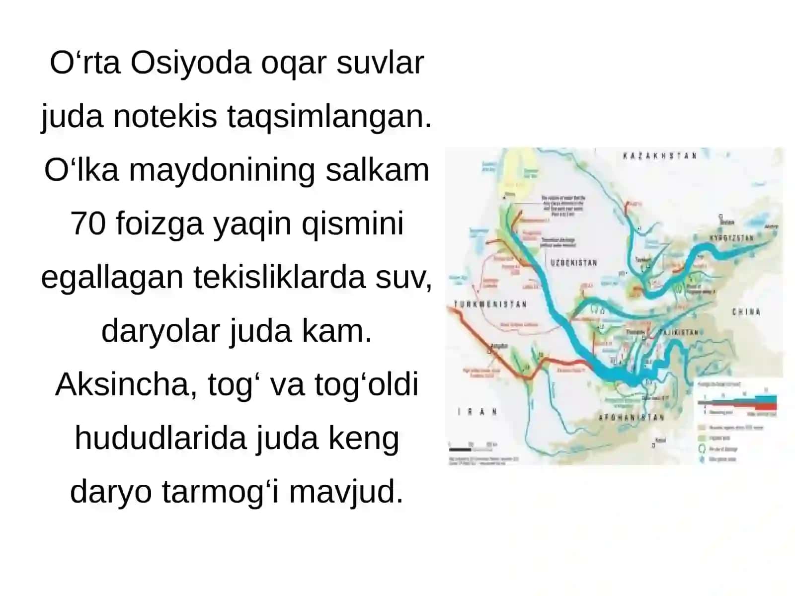 O‘rta Osiyo ichki suvlarining tabiatining boshqa komponentlariga (iqlimi,yer yuzasining tuzilishi va boshqalar) bog‘liqligi va xududiy joylanish qonuniyatlari 3