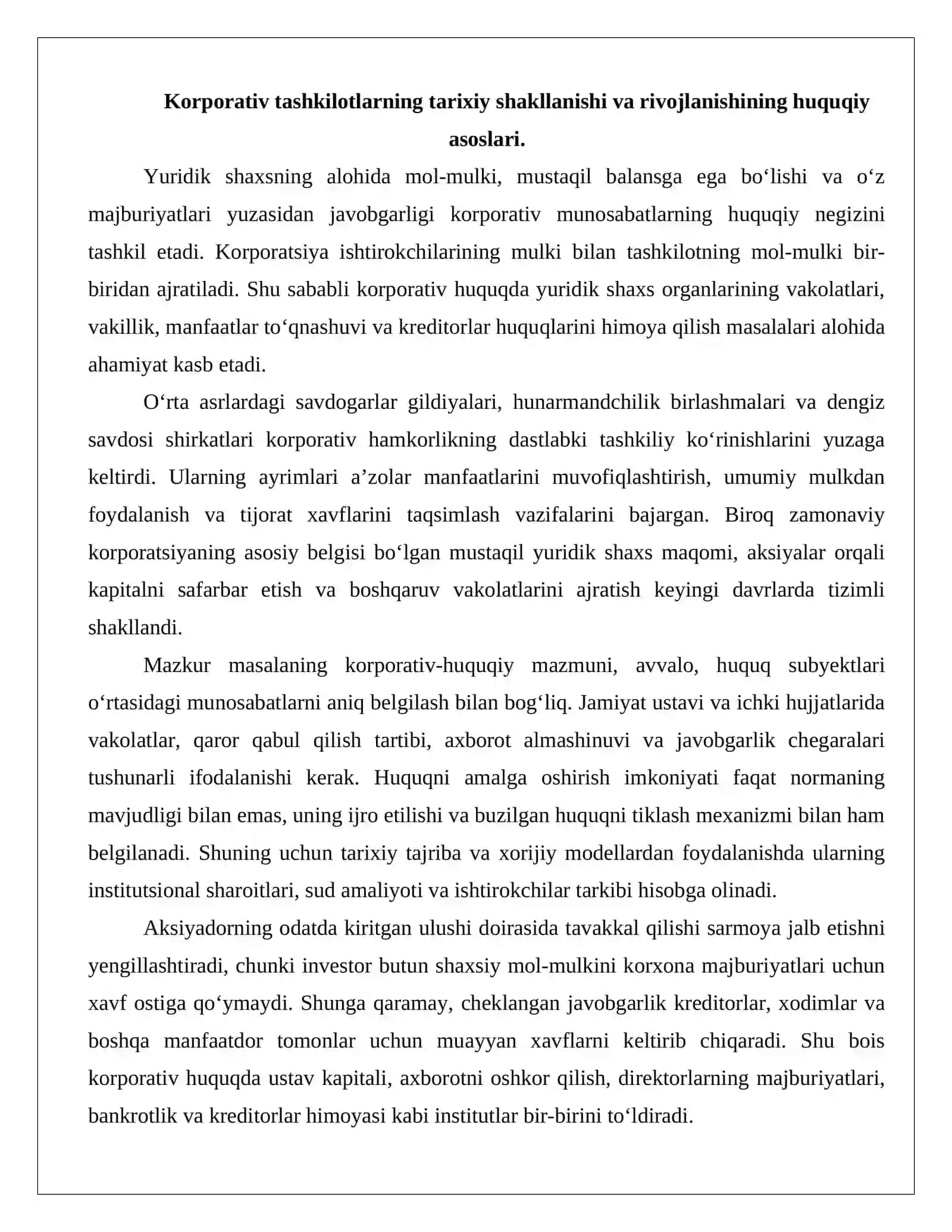 Korporativ tashkilotlarning tarixiy rivojlanishi va qiyosiy modellari: kontinental hamda anglo-sakson yondashuvlarining O‘zbekiston korporativ boshqaruviga ta’siri 3