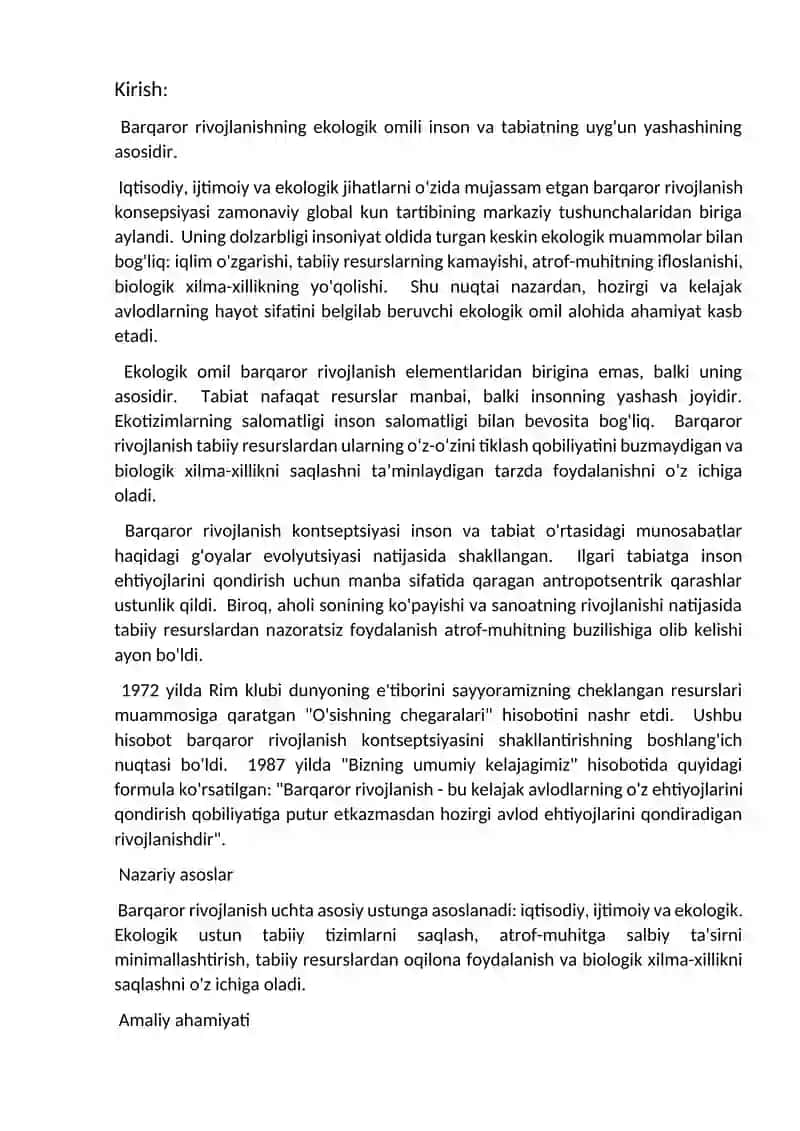 Barqaror rivojlanishda ekologik omilning o'rni va ahamyati 3